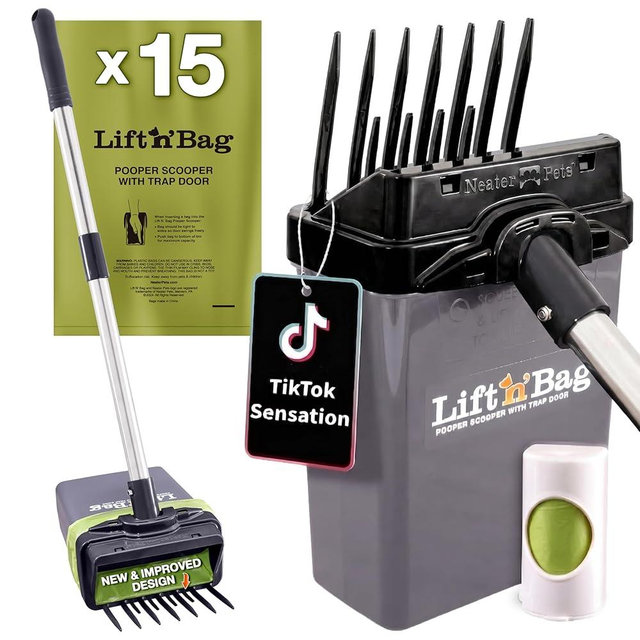 Neater Pet Brands Lift N’ Bag 2.0 Dog Pooper Scooper with Bag Attachment & 22" Pole for Small to Large Dogs, New & Improved Design, 15 Refill Bags, Heavy Duty Dog Poop Scooper for Yard, One-Hand Use