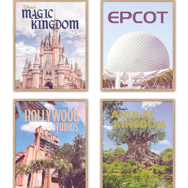Set of 4 Vintage Disney Parks Posters – Magic Kingdom, EPCOT, Hollywood Studios, Animal Kingdom –Unframed - Retro Wall Art Prints Disney Home Decor, 8x10 Inches