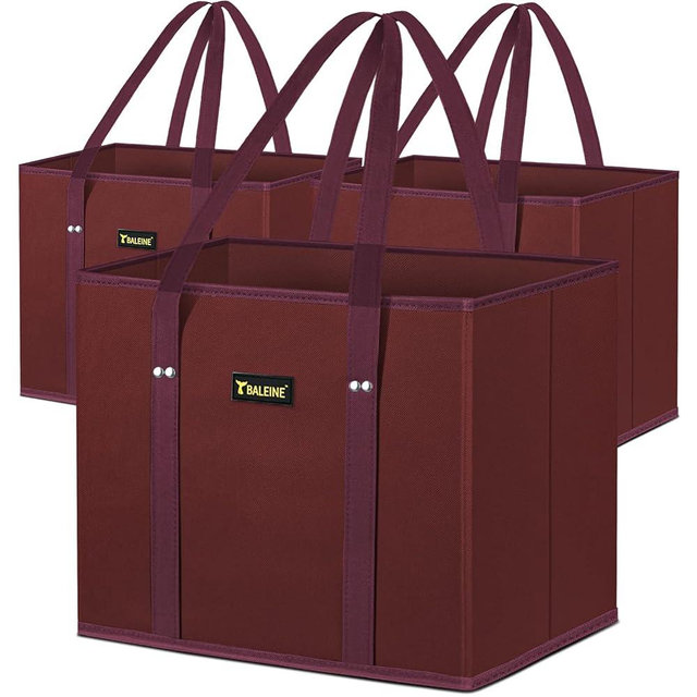 BALEINE 3Pk Reusable Grocery Bags, Foldable Shopping Bags for Groceries with Reinforced Bottom & Handles (Red)
