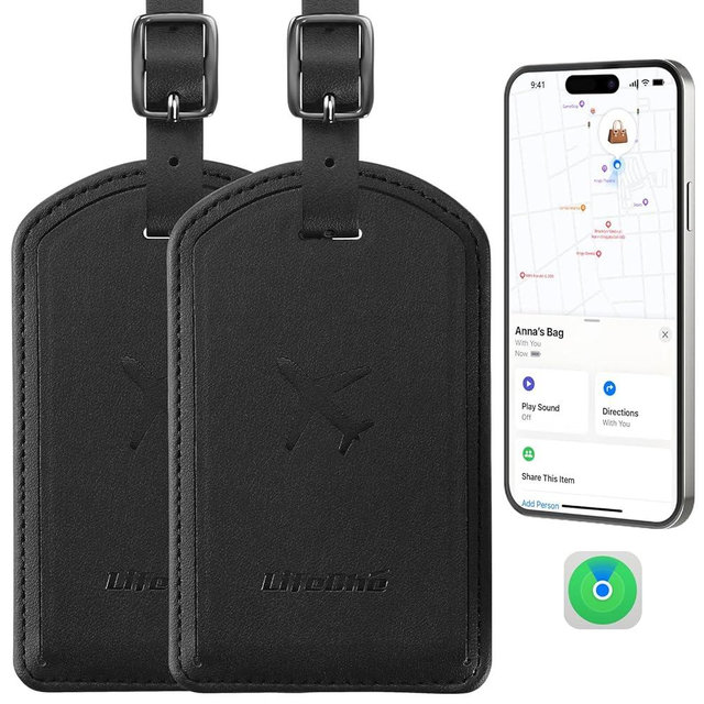 Luggage Tags Built-in Anti-Loss Tracker, Luxury Leather Luggage Tags for Suitcase, Travel Bags, Backpacks, Travel Organizer for Lost Baggage Prevention (Black*2 Pack)