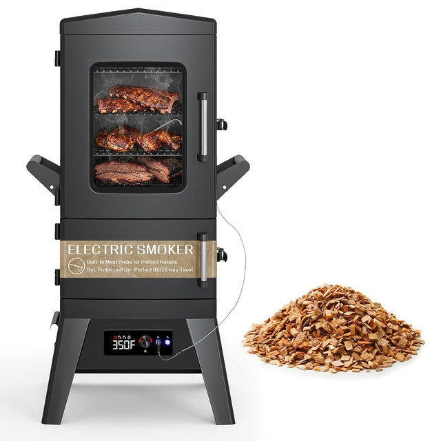40 Inch Electric Smoker with Digital Controls & Meat Thermometer, Vertical BBQ Smoker with 4 Smoking Racks, Wood Chip Tray & Waterproof Cover, 633 Sq In Outdoor Smoker for Ribs, Brisket & Turkey