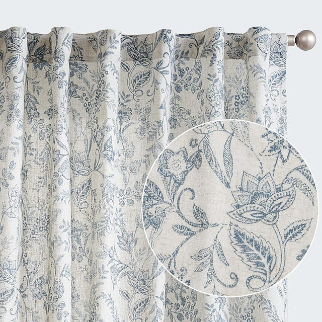 Vangao Blue Floral Linen Curtains for Bedroom 63 Inch Length Farmhouse Curtains for Living Room Vintage Print Light Filtering Window Drapes Back Tab Rod Pocket 2 Panels
