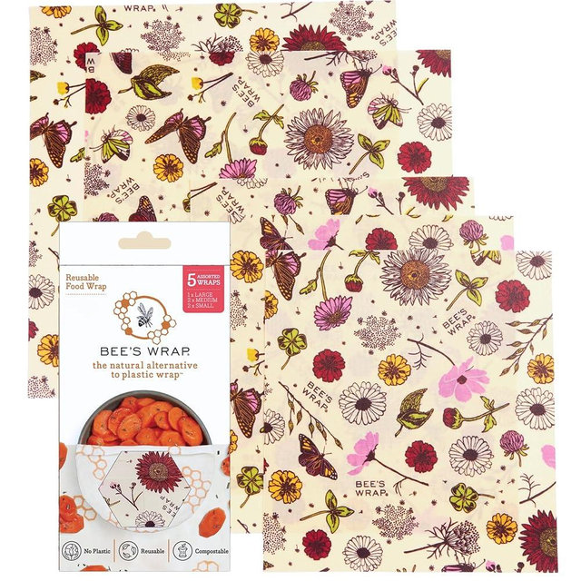 Bee's Wrap Beeswax Wraps for Food - Assorted 5 Pack of Beeswax Wraps - 2 Large & 3 Medium Wrap - Plastic Free Made in USA Reusable Natural Food Wrap - Meadow Magic Print