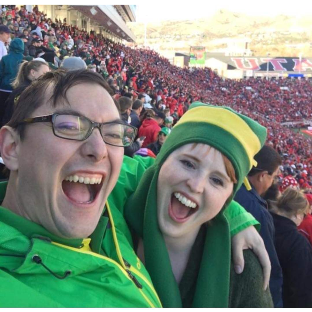 Cheering on the Oregon Ducks in enemy territory.
