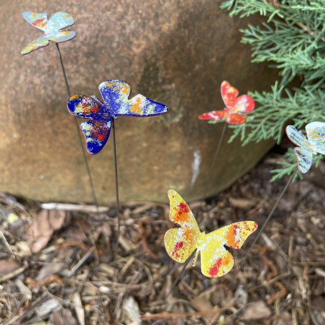 Small Enamel Copper Butterfly Bouquet: Garden Plant Stakes, Yard Art set of 6