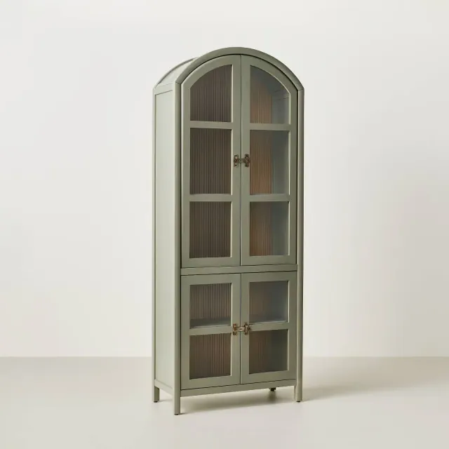 Grooved Wood with Glass 4 Door Arch Cabinet Sage Green - Hearth & Hand™ with Magnolia