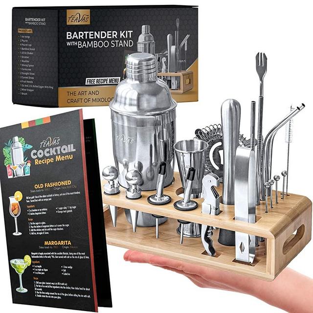 Teavas Bartender Kit with Bamboo Stand | 25-Piece Bar Essentials Set Comprising Stainless Steel Bar Tools | Sturdy Cocktail Shaker | Bar Tool Set | Recipe Menu, for Clubs, Lounge & Entertainment