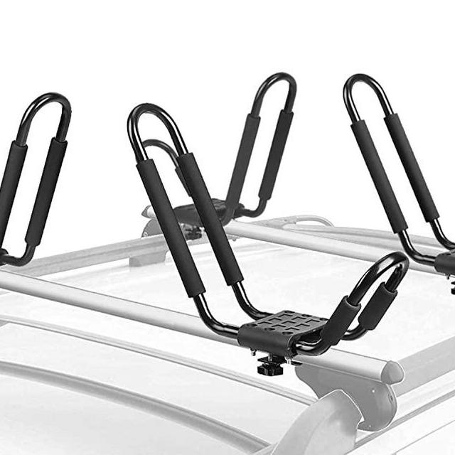 Leader Accessories Kayak Rack 2 Pair J Bar for Canoe Surf Board SUP On Roof Top Mount Crossbar with 4 pcs Tie Down Straps