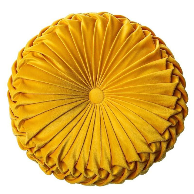 HLOVME Round Velvet Pillow for Couch Small Handmade Decorative Throw Pillow for Bed Bedroom 13.7” Yellow