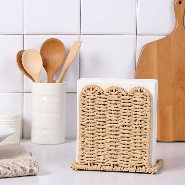 CubesLand Scalloped Edge Napkin Holder for Table Home Rustic Room Decor, Paper Rope Napkin Dispenser for Kitchen Countertop Dining Hotel, Cocktail Napkin Holder for Indoor & Outdoor Party, Beige