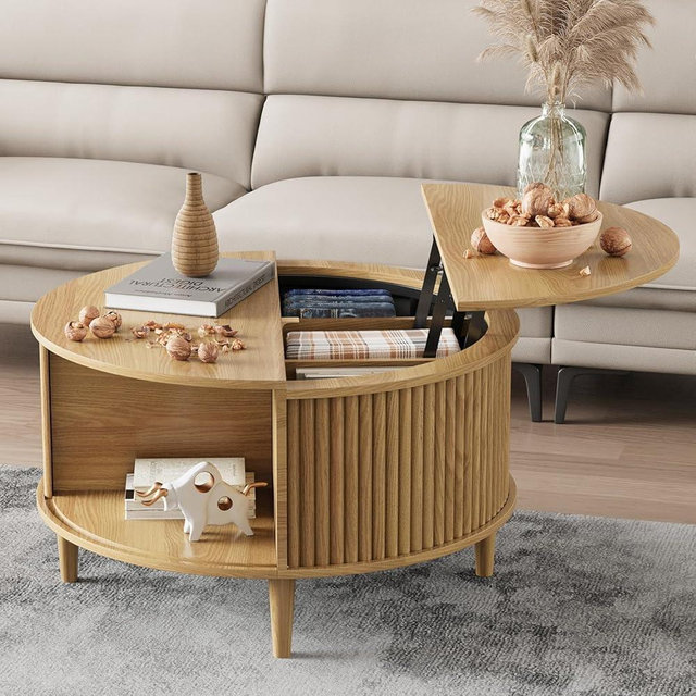 FNeL Round Coffee Table with Storage, Fluted Lift Top Coffee Table for Living Room, 31.5" Mid Century Modern Center Table with Sliding Cabinet Door, Natural Oak