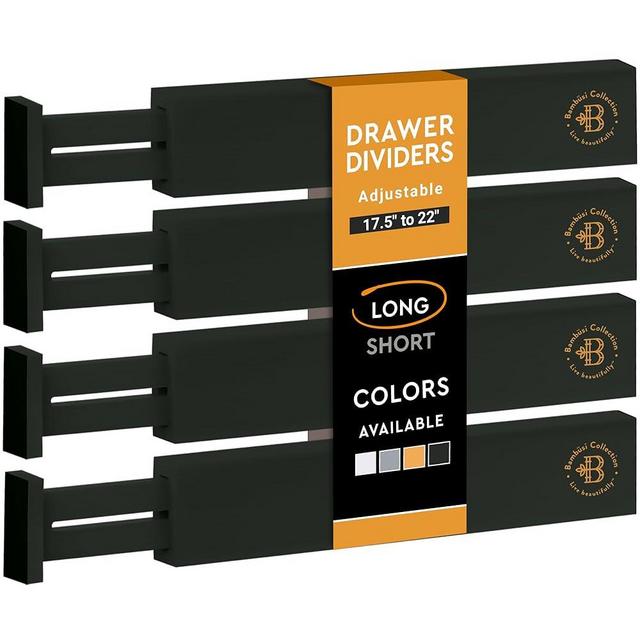 Bambüsi 4 Pack Drawer Dividers Bamboo 2.6" High, 16-22" Adjustable Drawer Organizers for Clothes, Expandable Dresser Separators in Bedroom/Bathroom/Kitchen/Office Organization and Storage (Black)