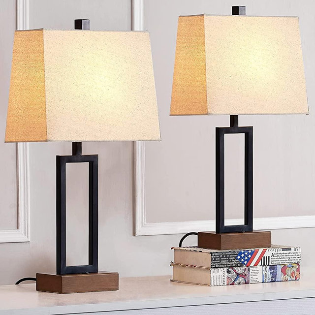 Lolikit Table Lamp Modern Nightstand Lamp Set of 2 with 2 USB Ports and AC Power Outlet 23.5" Black Bedside Lamp with Fabric Shade for Living Room Bedroom Guest Room Hotel(2 LED Bulb Included)