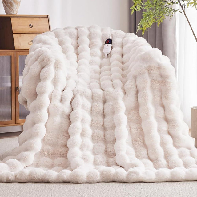 Anysay Heated Blanket Throw with 6 Hours Auto-Off 10 Heat Level, 62'' * 84'' Cozy Faux Rabbit Fur Bubble Electric Blanket with Overheat Protection, Soft Fast Heating Blanket with ETL (White)
