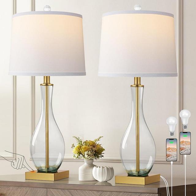 WIHTU Table Lamps Set of 2 with Touch Control, 27" Bedside Desk Lamps for Nightstand Decorations, 3-Way Dimmable Modern Glass Table lamp with USB C and A Charging Ports, Gold (LED Bulbs Included)