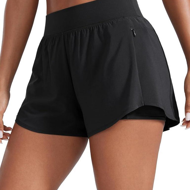 CRZ YOGA 2 in 1 Double Layer Running Shorts for Women 3" - High Waisted for Athletic Tennis Workout with Zip Pockets