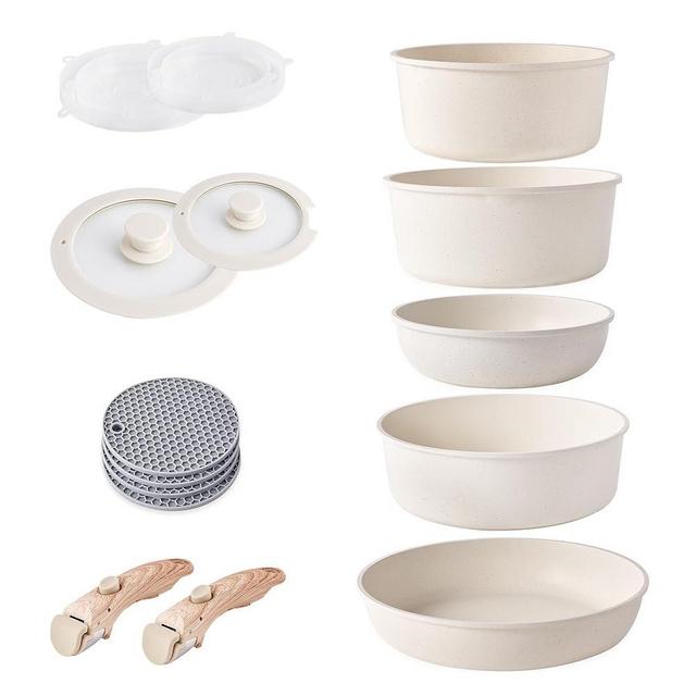Caannasweis Pots and Pans Set Nonstick, Detachable Handle Cookware Sets, Stackable Induction Kitchen Cookware with Removable Handle, RV and Camping Cookware, Dishwasher and Oven Safe, 5 Pots Beige