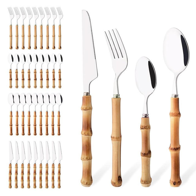 Uniturcky 40PCS Silverware Set for 10, Bamboo Handle Flatware Set, Stainless Steel Cutlery Set for Home Restaurant and Party, Bamboo Forks Spoons and Knives Set, Polished Tableware