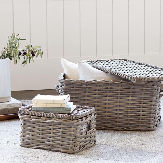 Aubrey Woven Small Lidded Basket, Gray