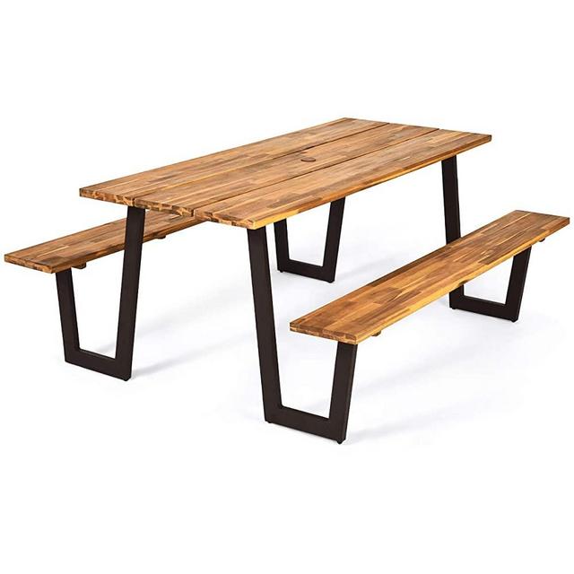 Giantex Picnic Table Bench Set with Umbrella Hole, Outdoor Dining Table Set for 8 Persons, 70” Acacia Wood Picnic Beer Table with Metal Frame (Natural & Black)