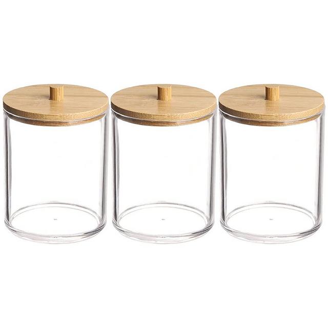 Tbestmax 10 Oz Cotton Swab/Ball/Pad Holder, Qtip Apothecary Jar, Clear Bathroom Containers Dispenser for Storage 3 Pack Wood Lids