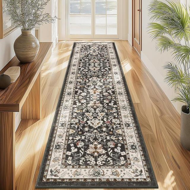 LOKHOM Washable Runner Rug, 2x8 Non Slip Vintage Hallway Runner Rug with Rubber Backing, Boho Floral Soft Faux Wool Kitchen Rug Carpet Runner for Kitchen Laundry Entryway Bedroom (Black)