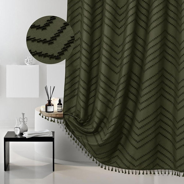 Boho Shower Curtain with Tassel Woven Fabric Olive Green Shower Curtain 72 x 72 Modern Farmhouse Textured Tufted Chevron Striped Minimalist Bathroom Shower Curtain