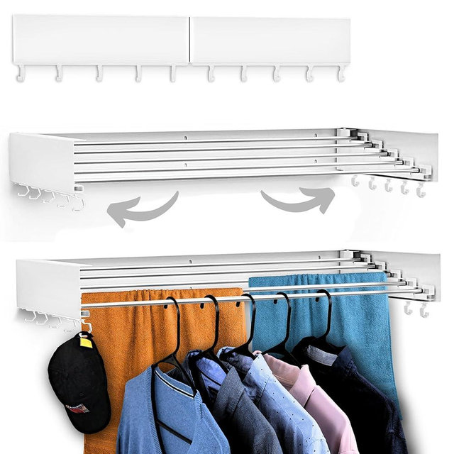 Zetez Wall Mounted Laundry Drying Rack, Retractable & Foldable, 31.5" Wide, 13.2 Linear Ft, 5 Heavy-Duty Aluminum Rods, 60 lb Capacity, Space-Saving Design, Easy Installation, Indoor/Outdoor (White)