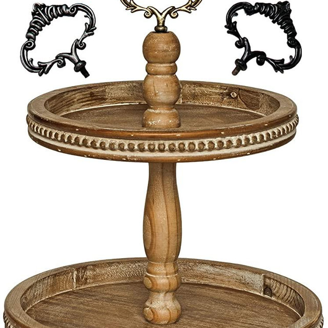 Felt Creative Home Goods 2 Tiered Tray Wooden Serving Stand Large Beaded Tray for Home Decor Display Farmhouse Country Decoration Kitchen or Dining. Includes 3 Finial Custom Handles (Brown)