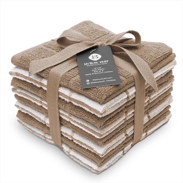Mellow Buff 100% Cotton Terry Dish Cloth, 8 Pack 12 x 12 Inches, Super Soft and Absorbent Dish Rags, Perfect for Kitchen Cleaning and Dish Washing | Tan