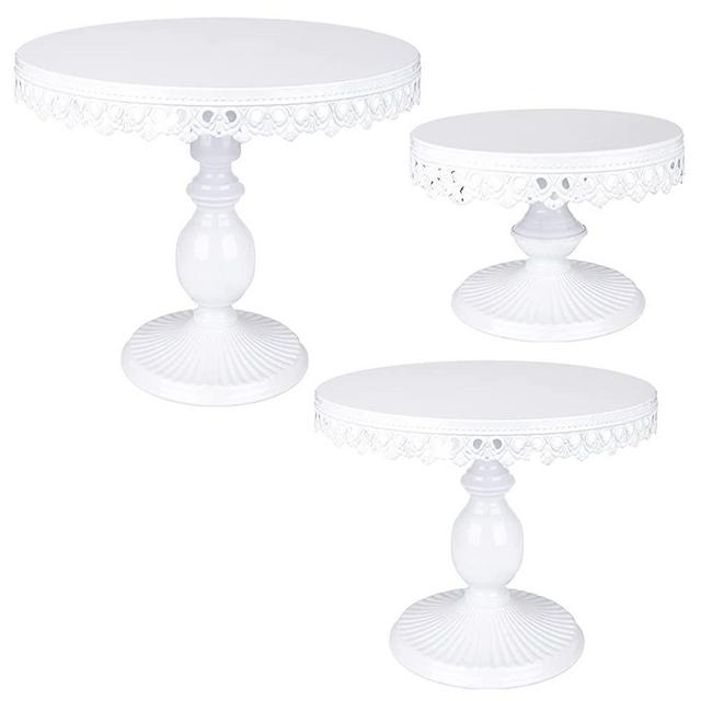 Hedume 3-Set Round Cake Stand, White Metal Cake Stands with Pendants and Beads , Dessert Cupcake Pastry Candy Display for Wedding, Event, Birthday Party