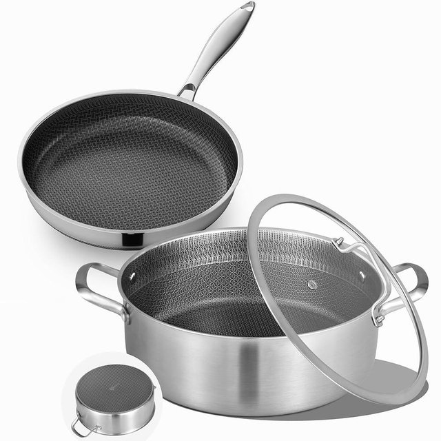 LOLYKITCH 7 QT & 12 Inch Ceramic Nonstick Cookware Set - Tri-Ply Stainless Steel Large Sauté Pan with Lid and Frying Pan - Oven & Dishwasher Safe, Detachable Handle, PFOA-Free, Induction Compatible