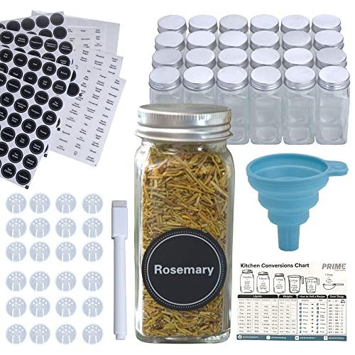 Prime Home Direct Spice Jars Set - 24 Spice Organizer with 792 labels - 4 oz Spice Containers with Shaker Lids and Airtight Metal Caps - Conversion Chart Magnet and Funnel Included