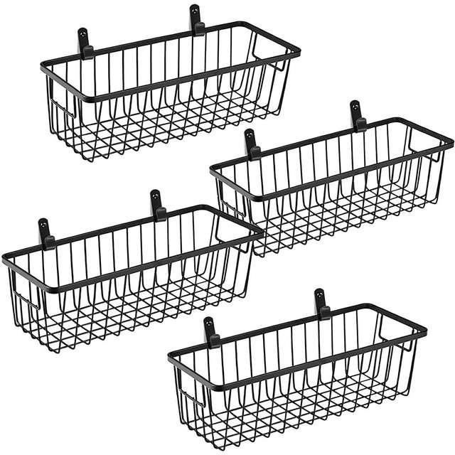 SheeChung Farmhouse Metal Wire Bin Basket with Wall Mount - Small, 4 Pack - Portable Hanging Wall Basket, Rustic Home Storage Organizer for Cabinets, Pantry, Closets, Bathroom, Kitchen,Bedroom(Black)