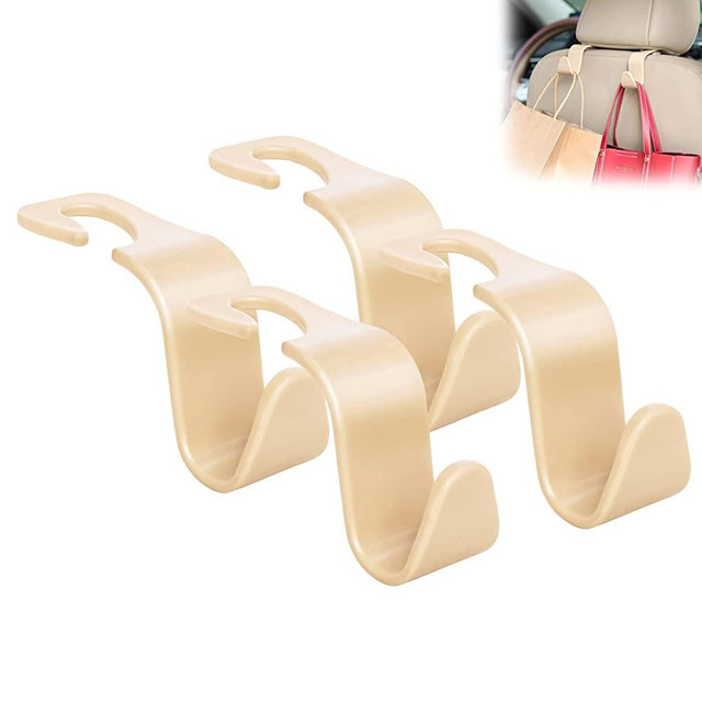 Amooca Universal Multifunctional Car Vehicle Headrest Hook, Organizer Hanger Storage Hook for Bag Purse Cloth Grocery (Beige Set of 4)