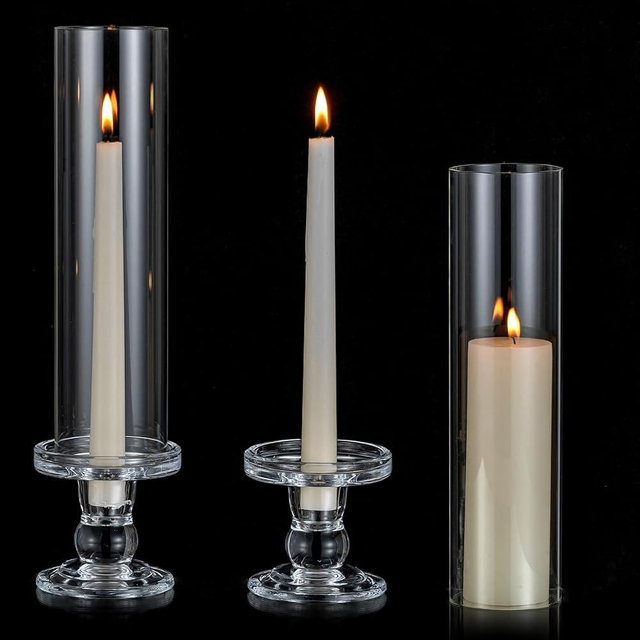 NUPTIO Taper Candle Holders for Home: Set of 2 Glass Hurricane Candlestick Holder - Tall Tapered Holder with Clear Cylinder Chimney for Dining Table Living Room Centerpiece