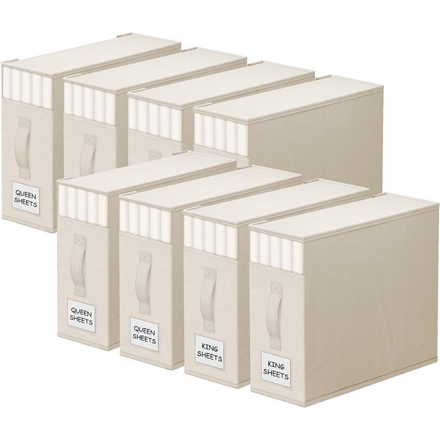 StorageTastic 8 Pack Bed Sheet Closet Organizers and Storage,Sturdy Foldable Storage Containers with Window and Label,Storage and Organization for Bedding Sheets,Duvet Covers,Blankets (Beige)