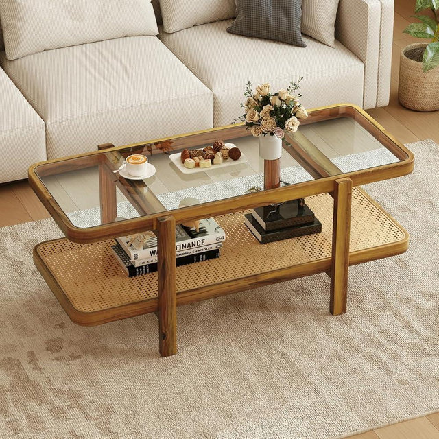 Giantex Rattan Coffee Table, 47.5" Rectangle Solid Wood Tea Table w/Tempered Glass Tabletop & PE Rattan Storage Shelf, 2-Tier Boho Coffee Tables, Farmhouse Rustic Center Table for Living Room Office