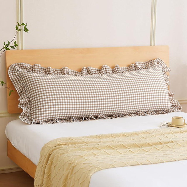 Taupe White Plaid Body Pillow Cover with Ruffles 20x54 inches, 100% Cotton Rustic French Country Vintage Fall Pillow Shams for Bed/Sofa (20x54 inches, Taupe/White Plaid)