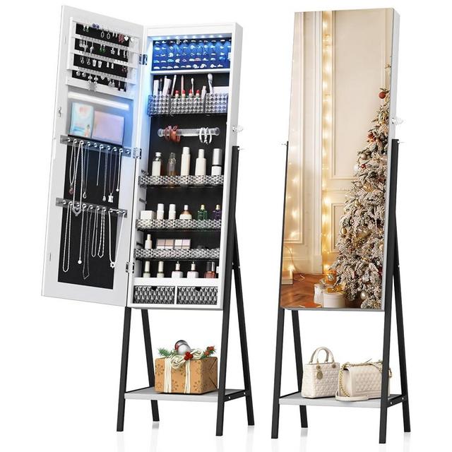 HUAEU Mirror Jewelry Cabinet Standing with LED Lights, Full Length Mirror with Storage Lockable Makeup Jewelry Armoire with 2 Drawers Large Storage Capacity for Cosmetic (White)