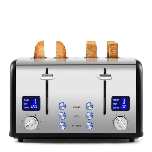 CUSIMAX 4 Slice Toaster with Smart LED Display, Stainless Steel Toaster with Exart Wide Slots, 6 Shade Settings, Bagel, Defrost and Cancel Fuction, 1650 Watts, Removable Crumb Trays, Black