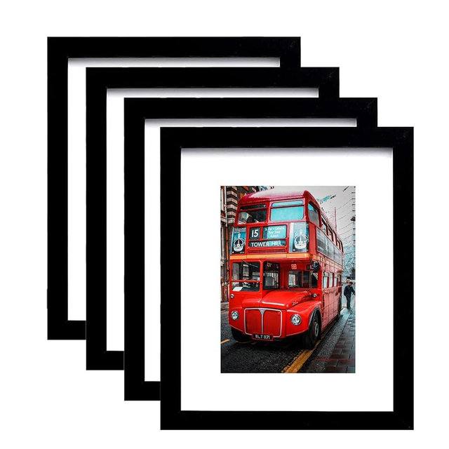 8x10 Picture Frame Set of 4,Black Photo Frame with Mat Display Pictures 8x10 or 5x7 Without Mat,PVC Glass,for Wall Home Office Décor (Black, 8x10)