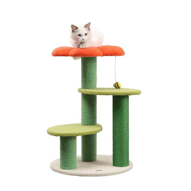 THE LICKER STORE CTR1007A Poppy 29" 3-Tier Modern Jute Flower Cat Tree with Dangling Toy, Orange/Green