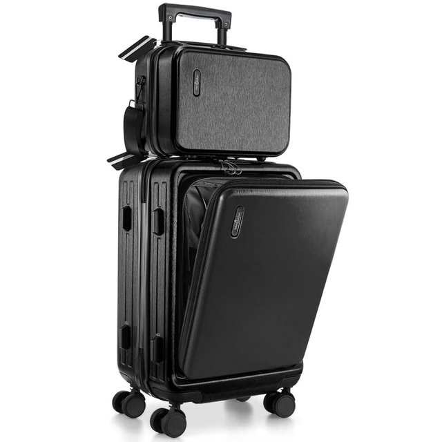 TRAVELARIM 22 Inch Carry On Luggage 22x14x9 Airline Approved, Carry On Suitcase with Wheels, Hard-shell Carry-on Luggage, Durable Luggage Carry-On, Jet Black Small Suitcase with Cosmetic Case