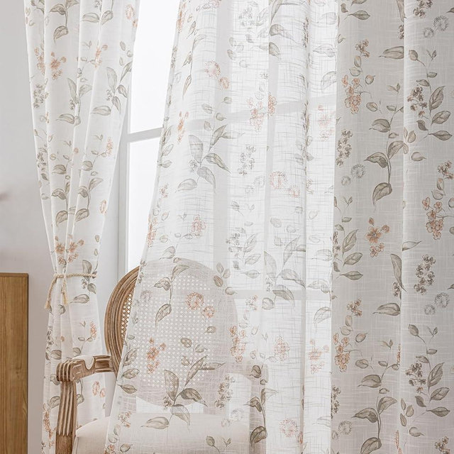 SUOUO Floral Semi Sheer Curtains Linen Textured for Living Room 84 inches Long 2 Panels Rod Pocket Print Wildflower Light Filtering Window Drapes for Bedroom Dining Coffee