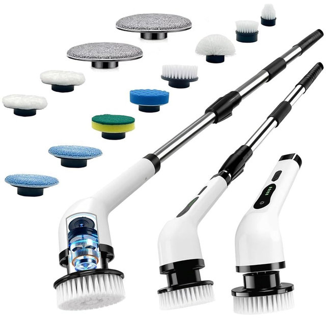Electric Spin Scrubber, Cordless Cleaning Brush Scrubber with 12 Replaceable Brush Heads, 360 Power Scrubber Dual Speed with Adjustable & Detachable Handle for Bathroom Kitchen Car (White)