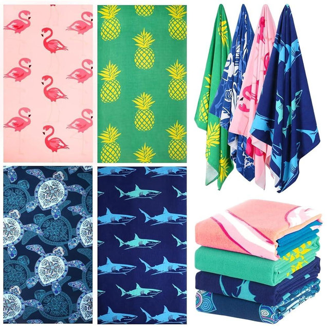 4 Packs Oversized Thin Beach Towel Set, XL Extra Large Big 36 x 72 in Clearance Swim Travel Towels Soft Blanket for Adult Women Men Lounge Chair Cover Accessories Essentials Blue Shark Pink Flamingos