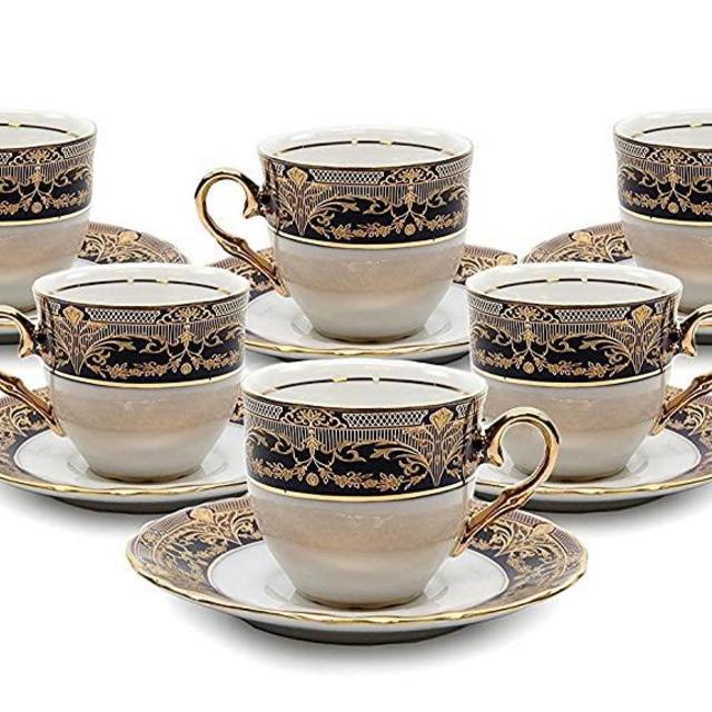 Royalty Porcelain 12-pc Miniature Espresso Coffee Set, Cups and Saucers, Vintage Cobalt Blue and Gold Pattern, Bone China Tableware