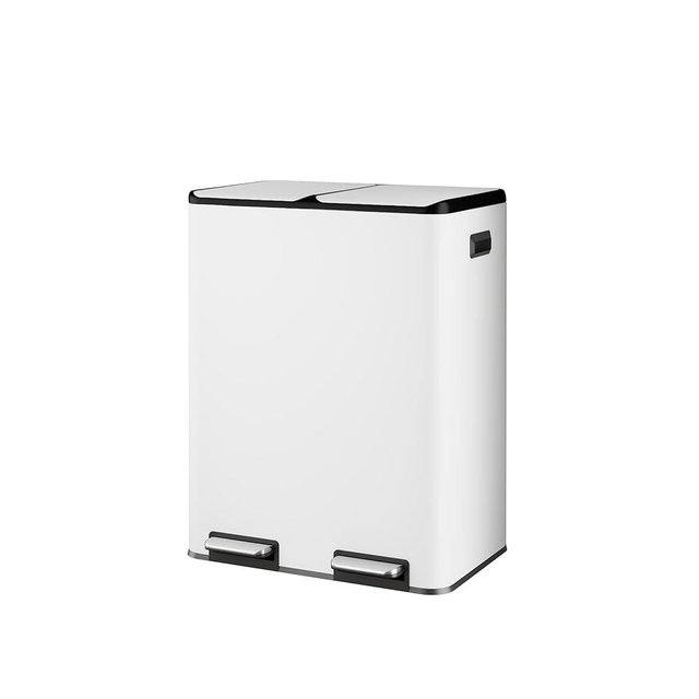 WLIVE Dual Trash Can, 2 x 8 Gallon (2 x 30 L), Step Trash Can with Lid with Inner Buckets, 2 Compartment, Heavy-Duty Stainless Steel Gabage Can for Kitchen with 15 Trash Bags, White