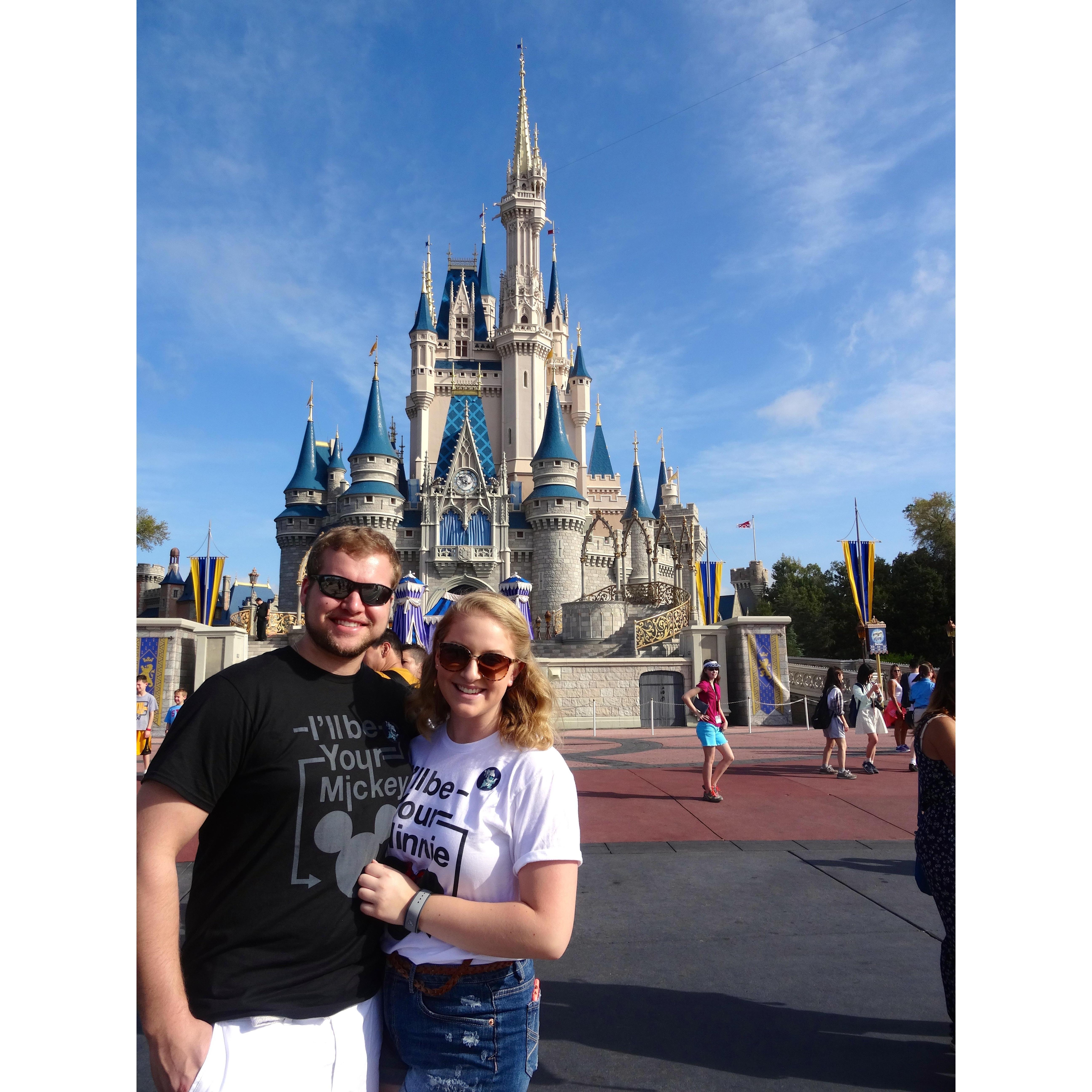 March 2015 - our first photo in front of the castle (oh how cute. matching shirts.)